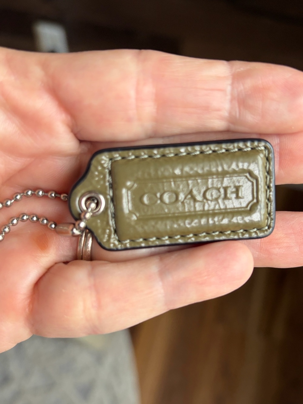 COACH Olive Green Leather Tag Keychain with Silver Ball Chain